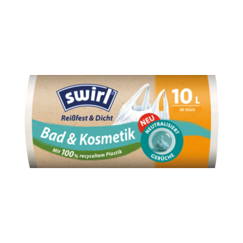 Swirl Müllbeutel Reißfest & Dicht Bad & Kosmetik, 10 Liter, mit Tragegriff, 30 Stück Produktbild, Vorderseite der Verpackung